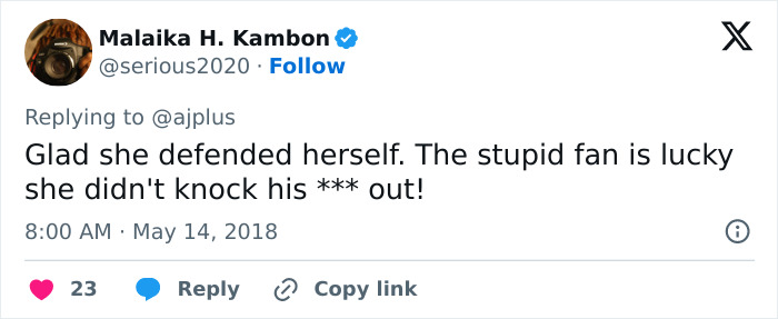 Tweet response supporting female reporter after live TV assault incident.