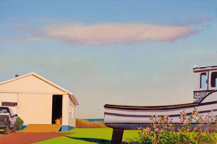 Quiet street scene with a sunlit house and boat, part of Susan Abbott's paintings.
