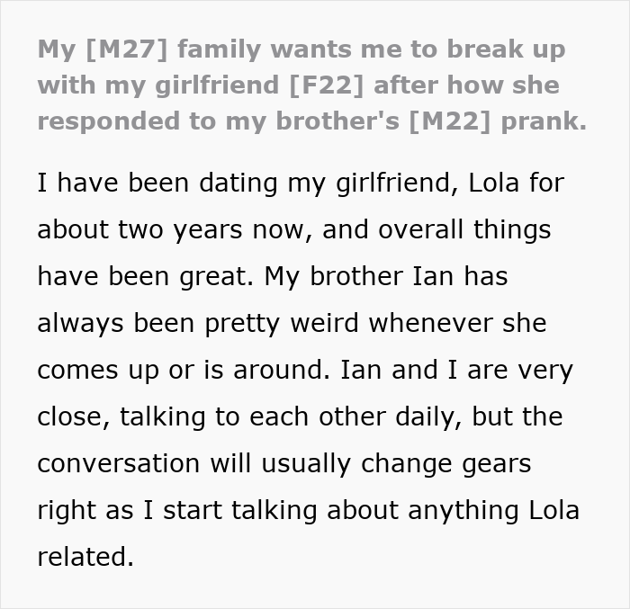 Family urges man to end relationship after girlfriend reacts to brother's prank.