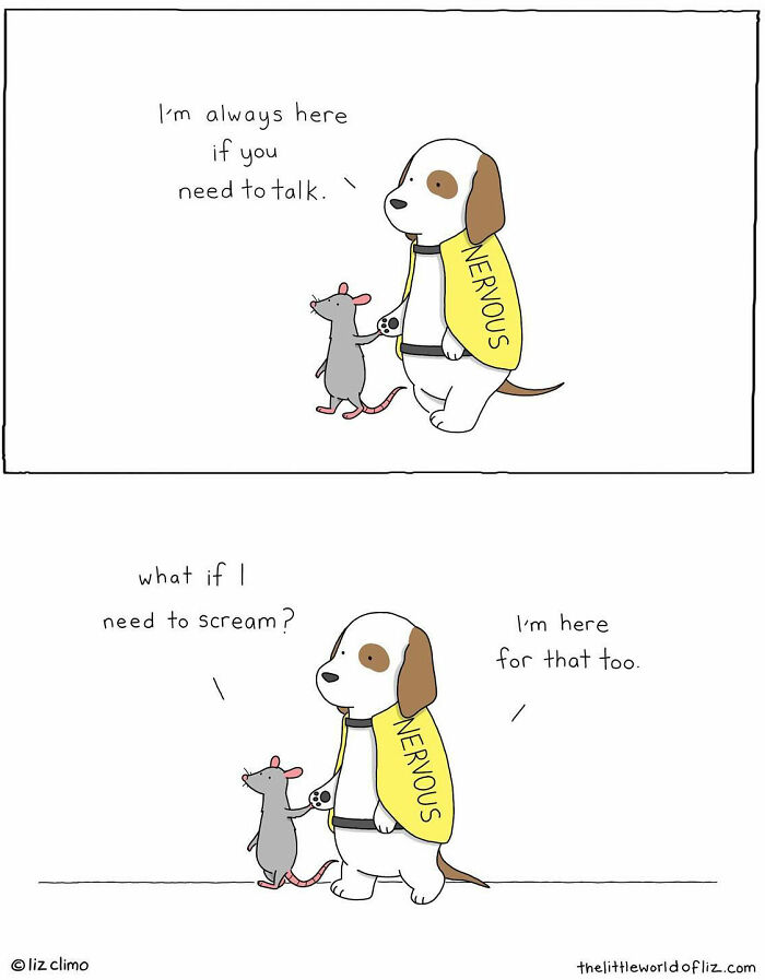 Talking animals illustration by The Simpsons animator shows a nervous dog comforting a mouse in humorous everyday moment.