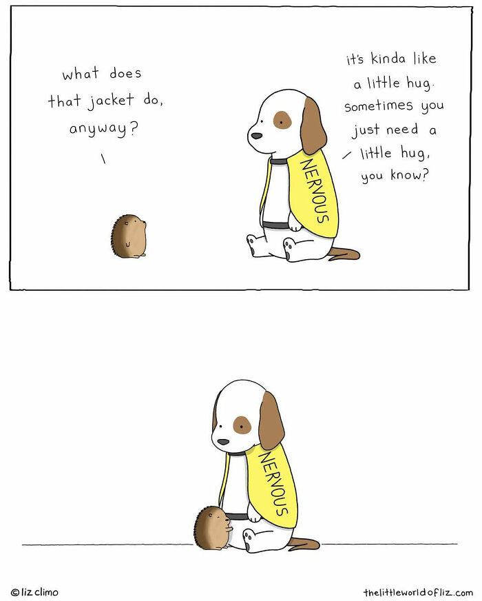 Cartoon of talking animals showing a nervous dog wearing a jacket and a small animal sharing a humorous everyday moment.