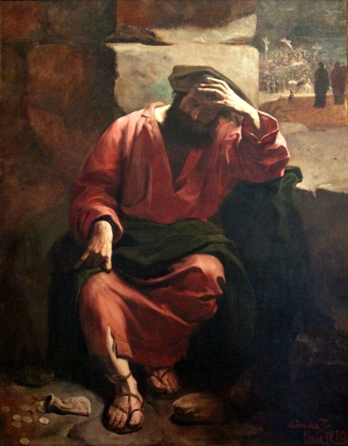 A historical painting of a man in red robes sitting with coins on the ground, evoking themes of betrayal and traitors.