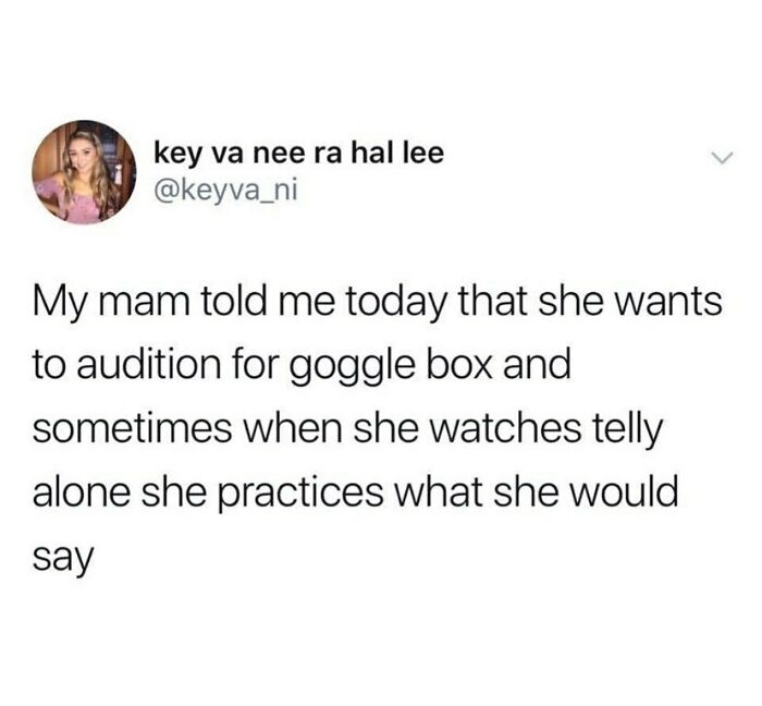 Tweet about a British mom practicing for a Gogglebox audition while watching TV alone, humorous meme.