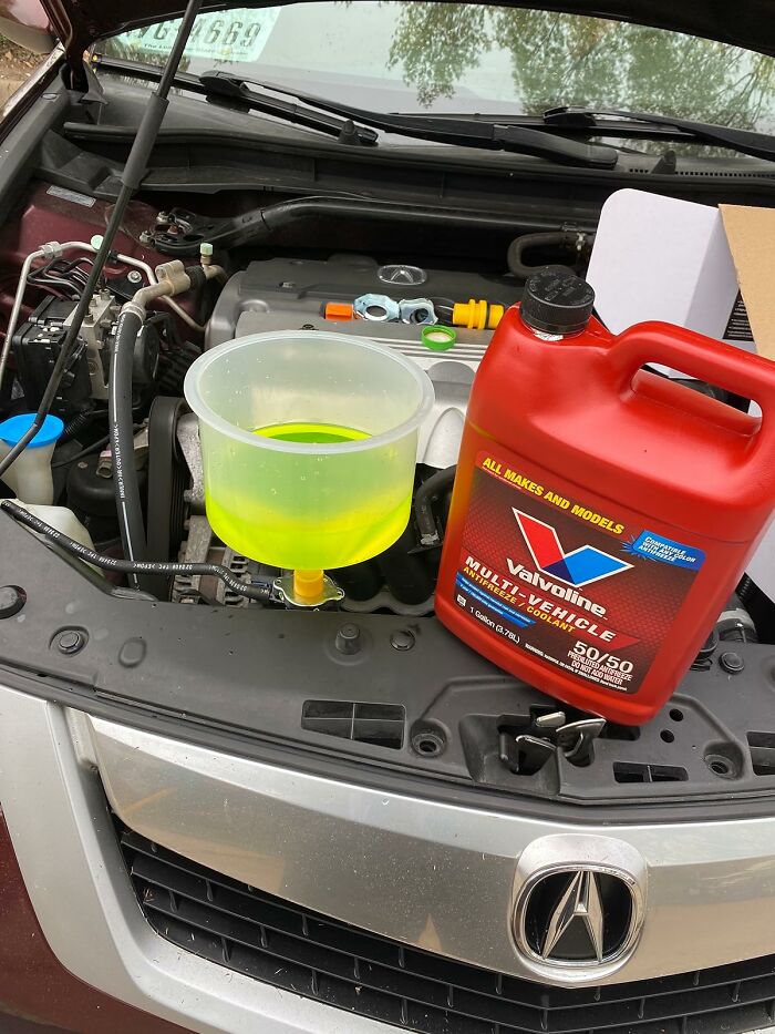 Car advice from Reddit showing anti-freeze coolant being poured into a car engine with Valvoline container nearby.