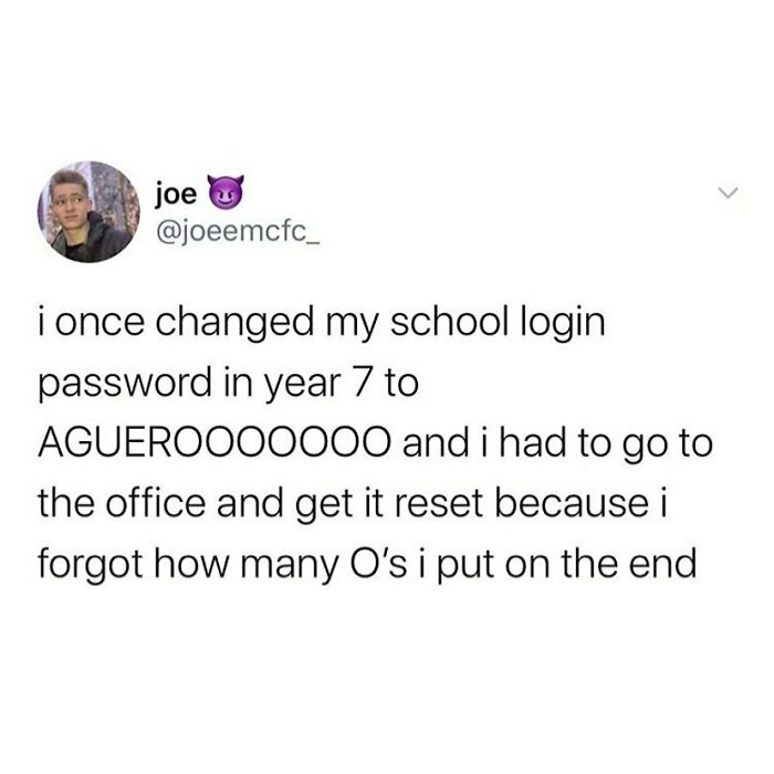 Twitter meme about a British school login password mishap featuring the name "AGUEROOOOOOO."