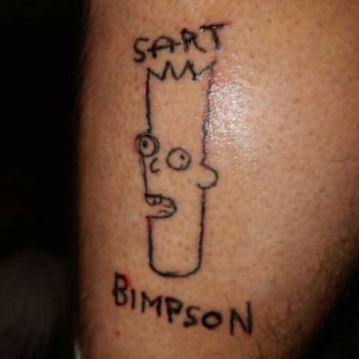 Poorly drawn Simpsons tattoo featuring a misspelling of Bart's name.