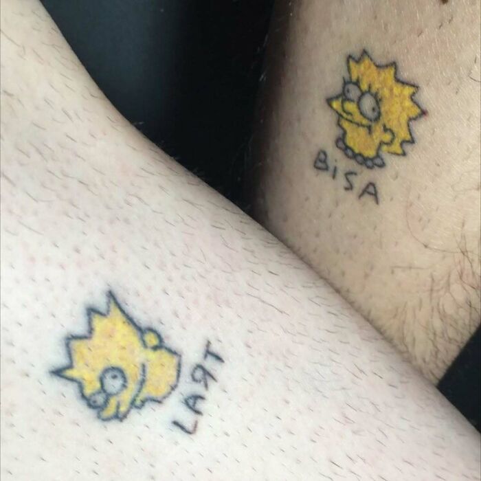 Two small, poorly drawn Simpsons tattoos of Lisa with misspelled names, on different arms.