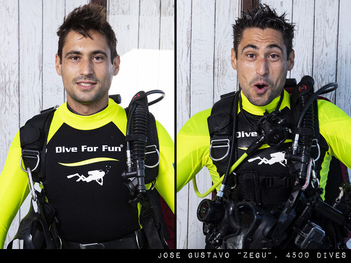 Man in scuba gear before and after his dive, showing the striking difference in appearance and expression.