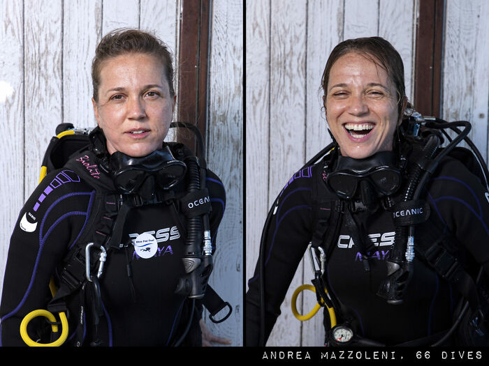 Before and after scuba diving photos showing striking difference in a woman wearing full dive gear against a wooden background.