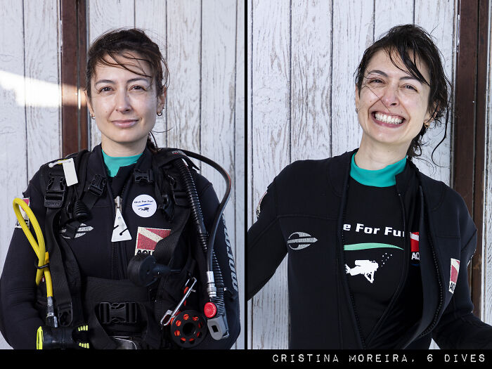 Woman before and after her dive, showing the striking difference in appearance in scuba diving gear and without it.