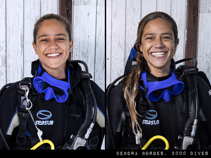 Side-by-side portraits of a woman before and after her dive wearing scuba gear showing striking difference in appearance