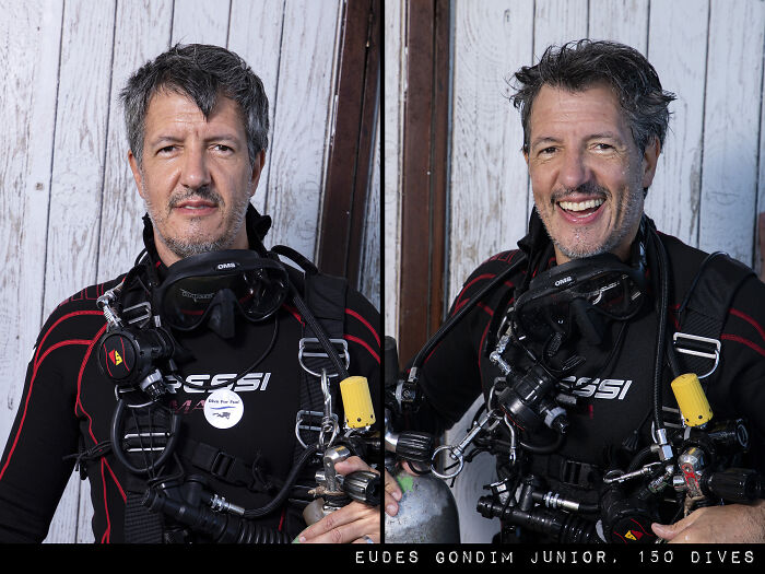 Before and after dive photos of a man in full scuba gear showing a striking difference in expressions and mood.