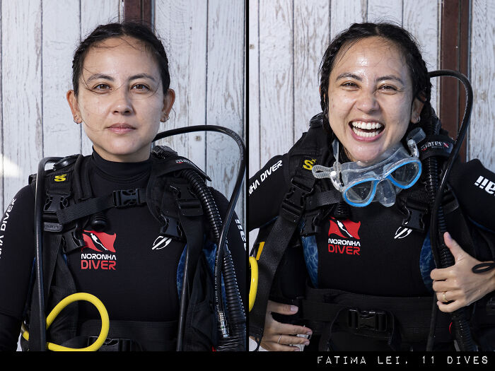 Side-by-side photos of a woman before and after her dive, showing the striking difference in expression and gear.