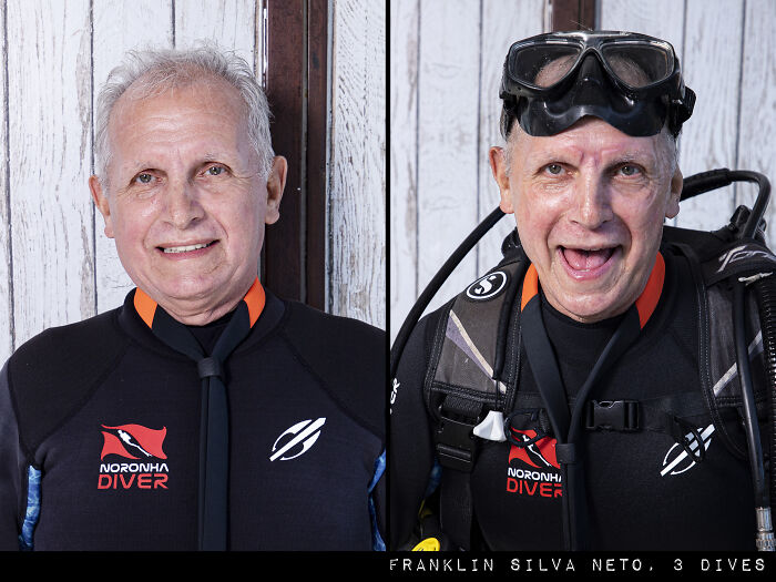 Side-by-side photos of a diver before and after a dive showing the striking difference in appearance.