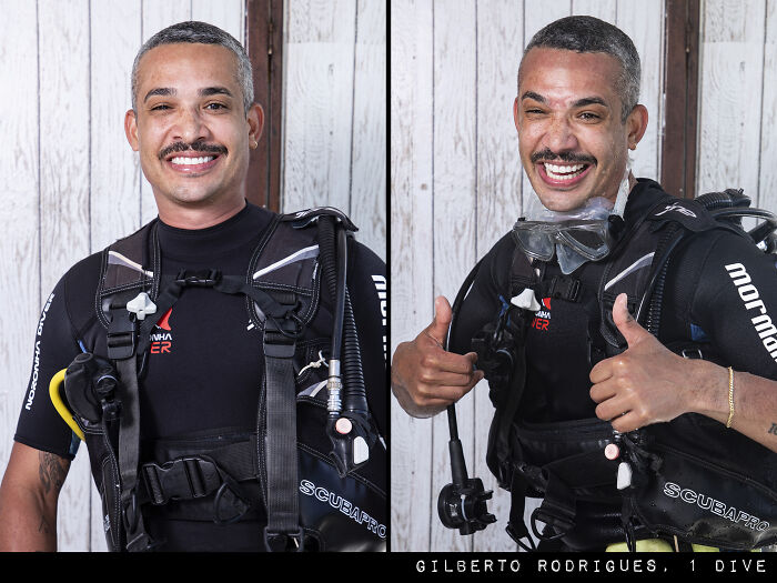 Man before and after his dive wearing scuba gear, showing the striking difference in appearance and mood.