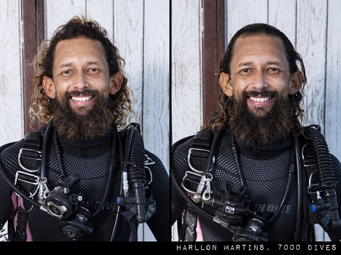 Side-by-side photographs of a diver before and after a dive showing the striking difference in appearance and scuba gear.