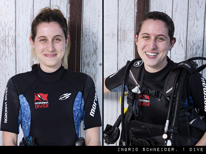 Side-by-side photographs of a woman before and after her dive, showing the striking difference in dive gear and appearance.