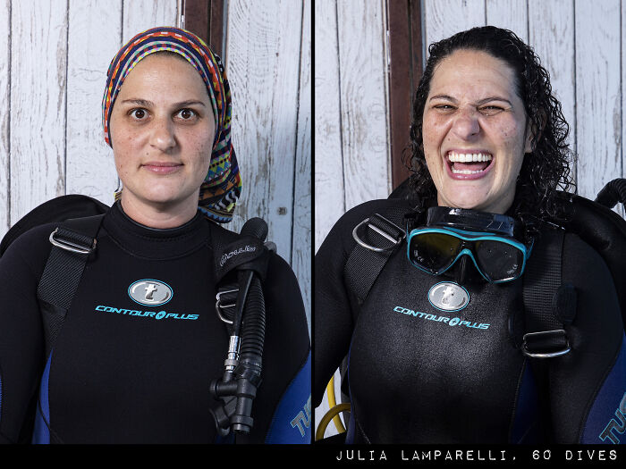 Before and after diving photos of a woman in scuba gear showing the striking difference and emotions after her dive.