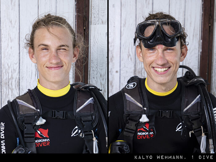 Side-by-side photographs of a diver before and after their dive, showing a striking difference in appearance.