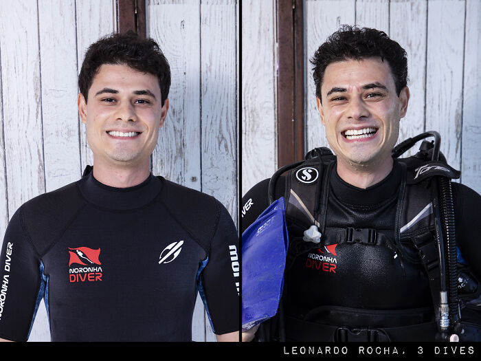 Side-by-side photos of a man before and after his dive wearing wetsuit and diving gear showing a striking difference.