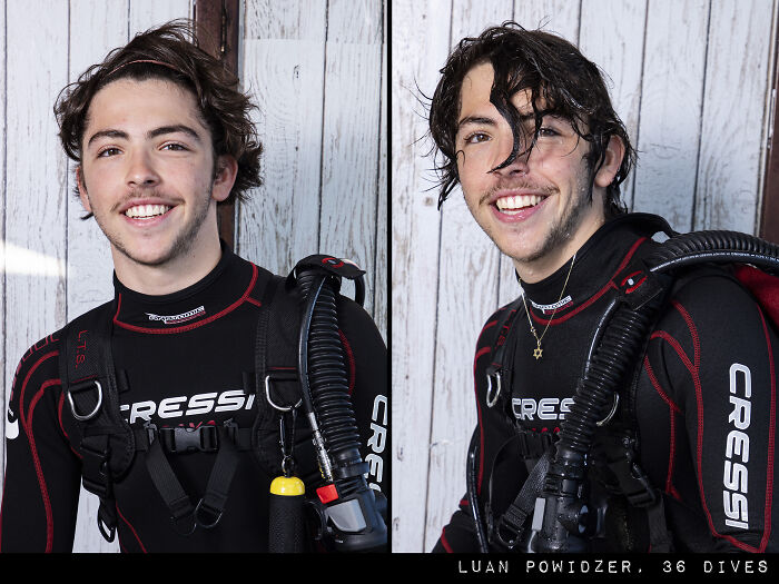 Side-by-side photos of a young man before and after his dive wearing full scuba gear showing striking difference.