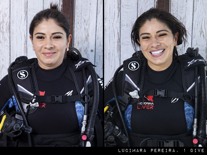 Side-by-side photographs of a diver before and after their dive, showing striking differences in appearance.