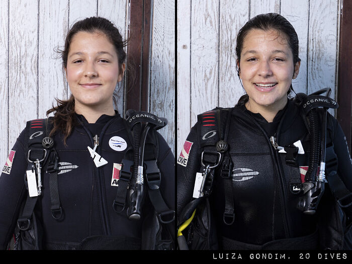 Young woman before and after her dive, wearing full scuba gear, showing striking difference in appearance and wet hair.