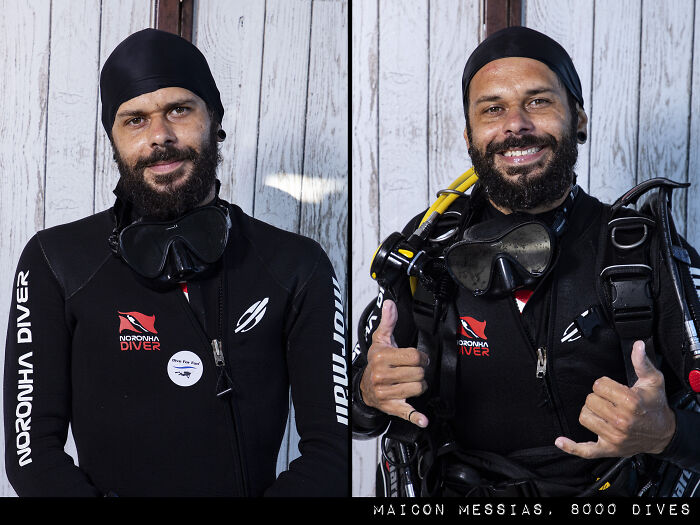 Side-by-side photographs of a diver before and after diving, showing a striking difference in appearance and gear.