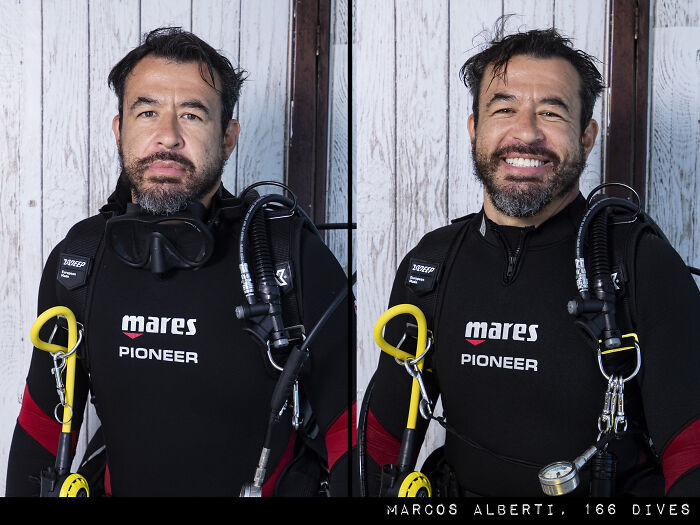 Man in diving suit before and after his dive, showing striking difference in appearance and expression.