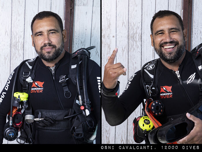 Man in scuba diving gear before and after dive, showing striking difference and joyful expression in 30 photographs series.