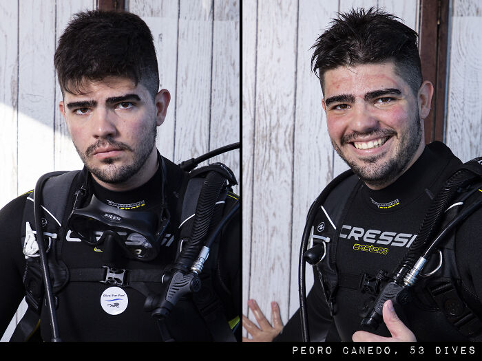 Young man in scuba gear before and after his dive, showing the striking difference in expression and appearance.