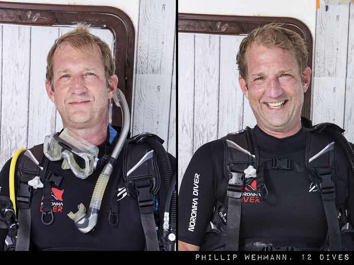 Man in scuba gear shown before and after a dive, highlighting the striking difference in his appearance.
