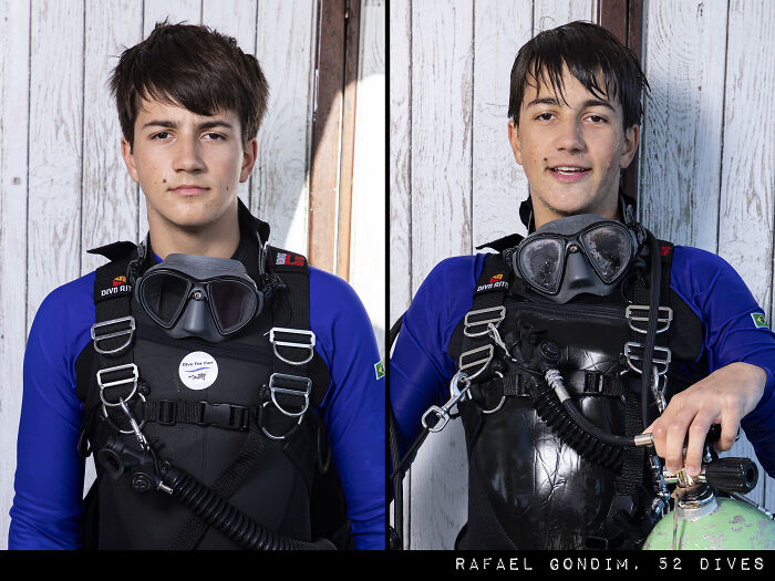 Side-by-side photographs of a young diver before and after a dive showcasing striking scuba gear changes.