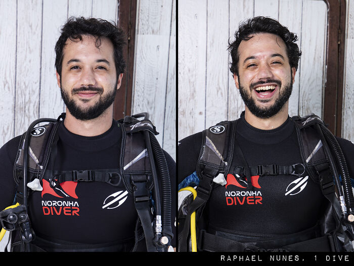 Side-by-side photographs of a man before and after his dive, showing the striking difference in expression and mood.