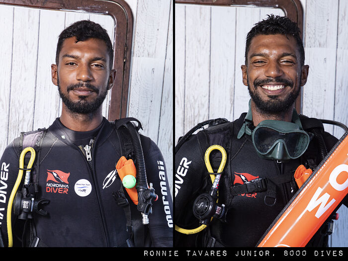 Side-by-side photos of a diver before and after a dive showing a striking difference in his expression and gear.