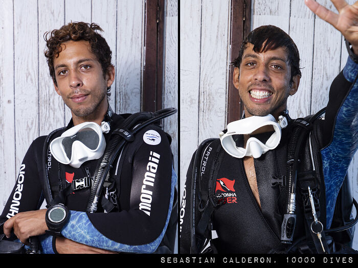 Before and after dive photographs showing a man in scuba gear with noticeable differences in appearance and expression.