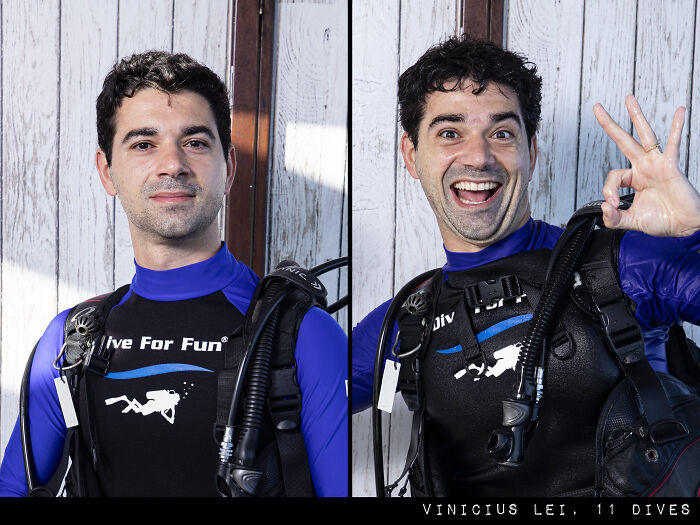 Man before and after his dive wearing a blue wetsuit and scuba gear, showing the striking difference in expressions.