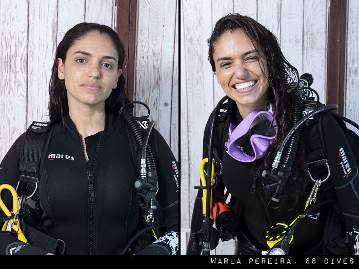 Side-by-side photographs showing a woman before and after her dive, highlighting the striking difference in expression and gear.