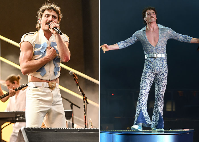 Performer in vibrant outfits during Coachella 2025, showcasing viral and awkward moments on stage.