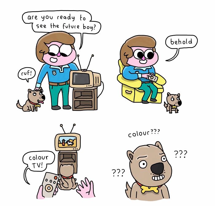 Comic showing a person and dog with a TV predicting the future, featuring humorous reactions in dog comics from Bored Panda community.