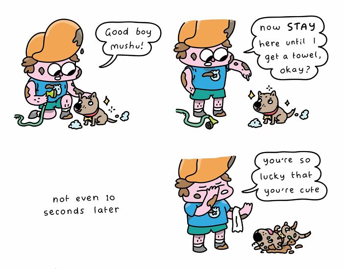 Dog comics from Bored Panda community showing a boy praising a dog who quickly makes a mess after being told to stay.