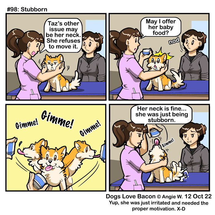 Vet examining dog's neck; stubborn but eager with baby food. Dogs in comics humor strip featuring community art.