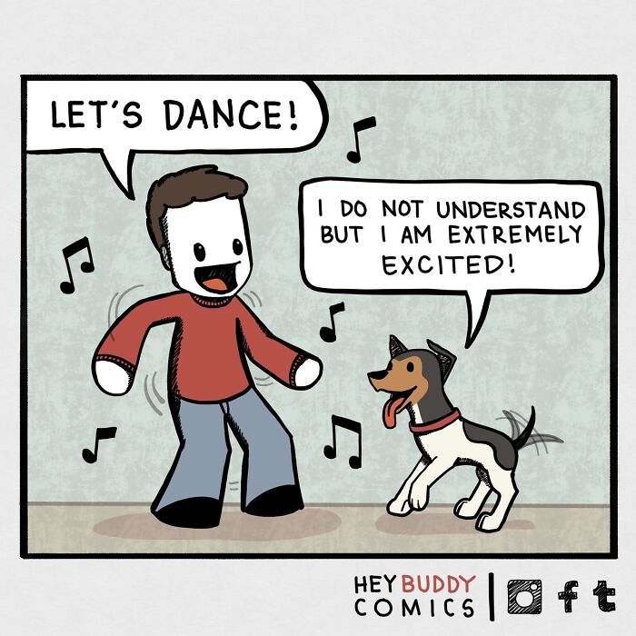Cartoon dog and person dancing excitedly with music notes, a popular scene from dog comics that made us smile.