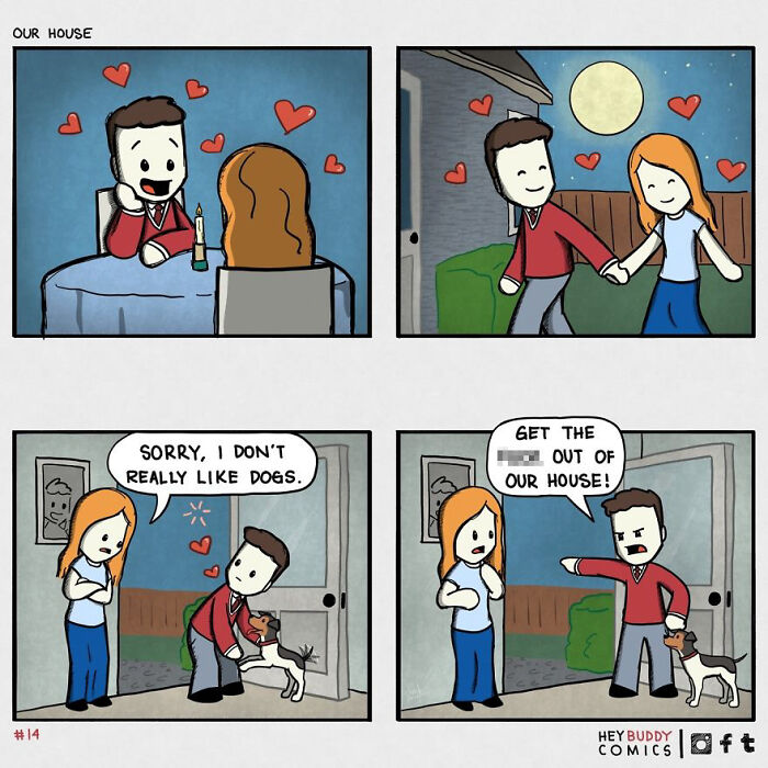Comic strip showing a couple's disagreement over liking dogs, highlighting humorous relationship dynamics.