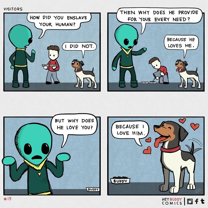 Alien questions a dog about its human, highlighting the dog's love in a heartwarming dog comic from Bored Panda community.