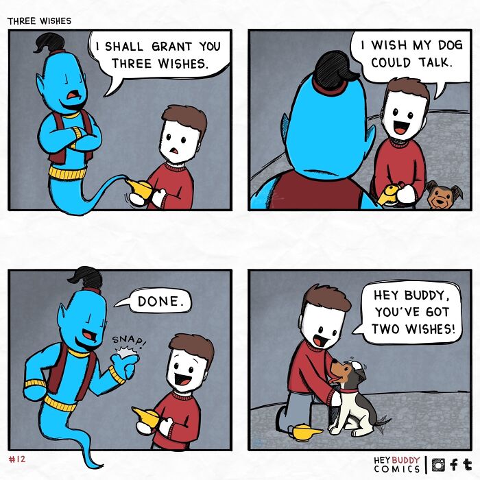 Comic of a man getting a wish from a genie to make his dog talk, a funny dog comic from the community.