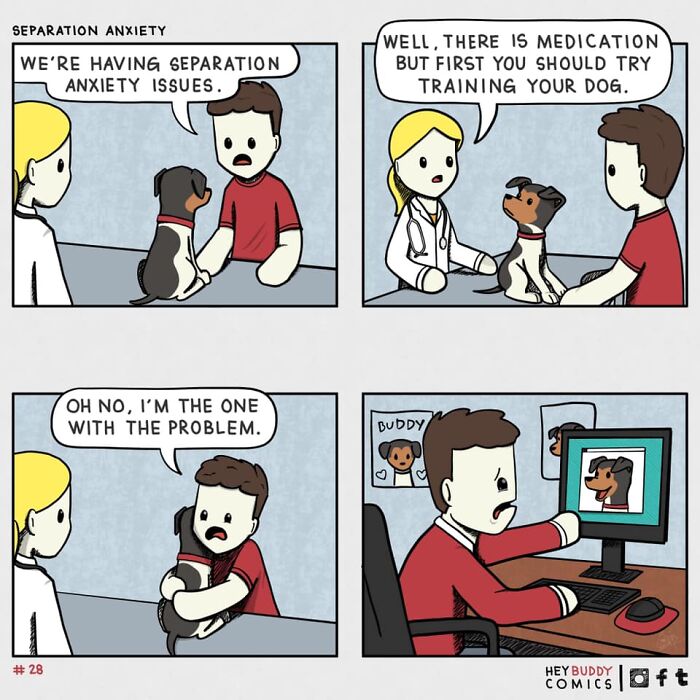 Comic panels showing a man discussing separation anxiety with a vet and realizing he, not the dog, has the issue in a dog comic.