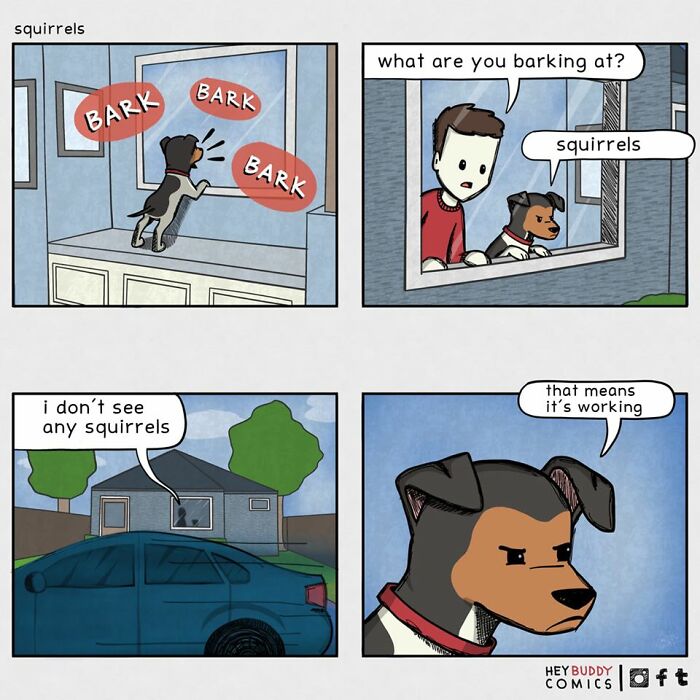Dog comic from Bored Panda community showing a dog barking at squirrels that only it can see, humor in dog comics.