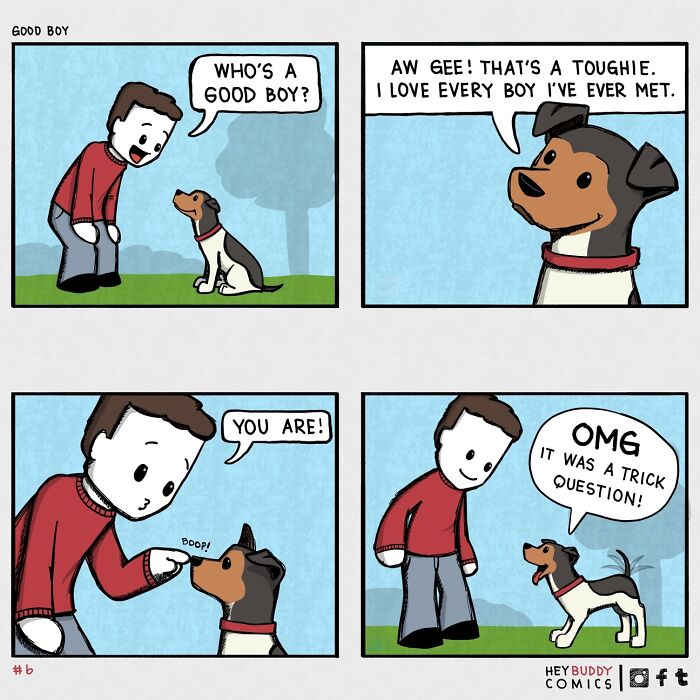 Dog comic showing a man asking who’s a good boy and a playful dog reacting to a funny trick question in a comic strip.