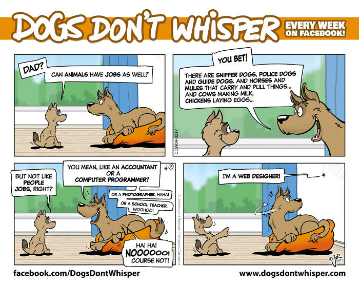 Dogs in comics humor strip about a pup asking if animals can have jobs like humans, with playful conversation and jokes.